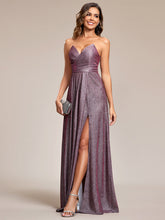 Load image into Gallery viewer, Hot Split Pleated Shiny Maxi Lacing design Wholesale Evening Dresses#Color_Metallic Rose