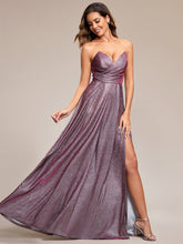 Load image into Gallery viewer, Hot Split Pleated Shiny Maxi Lacing design Wholesale Evening Dresses#Color_Metallic Rose