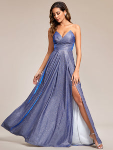 Hot Split Pleated Shiny Maxi Lacing design Wholesale Evening Dresses#Color_Opal Lilac