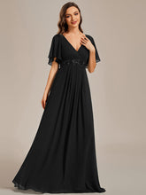 Load image into Gallery viewer, V Neck Appliques Pleated Wholesale Bridesmaid Dresses#Color_Black