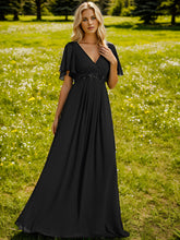 Load image into Gallery viewer, V Neck Appliques Pleated Wholesale Bridesmaid Dresses#Color_Black