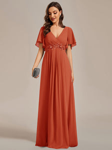 V Neck Appliques Pleated Wholesale Bridesmaid Dresses#Color_Burnt Orange