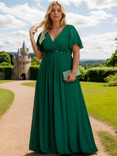 Load image into Gallery viewer, Plus V Neck Appliques Pleated Wholesale Bridesmaid Dresses#Color_Dark Green