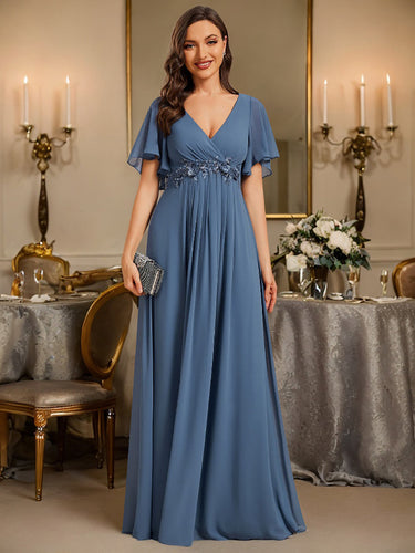 V Neck Appliques Pleated Wholesale Bridesmaid Dresses#Color_Dusty Blue