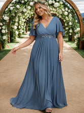 Load image into Gallery viewer, Plus V Neck Appliques Pleated Wholesale Bridesmaid Dresses#Color_Dusty Blue