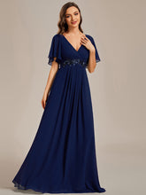 Load image into Gallery viewer, V Neck Appliques Pleated Wholesale Bridesmaid Dresses#Color_Navy Blue