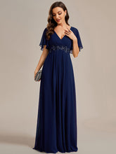 Load image into Gallery viewer, V Neck Appliques Pleated Wholesale Bridesmaid Dresses#Color_Navy Blue