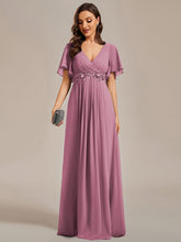 Load image into Gallery viewer, V Neck Appliques Pleated Wholesale Bridesmaid Dresses#Color_Purple Orchid