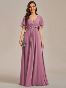 V Neck Appliques Pleated Wholesale Bridesmaid Dresses#Color_Purple Orchid