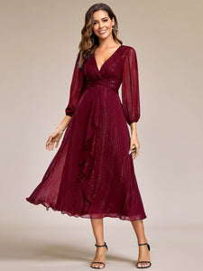 Shiny Chiffon Wholesale Wedding Guest Dresses with Long Sleeve#Color_Burgundy