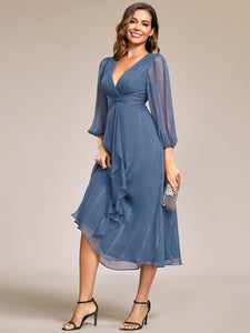 Shiny Chiffon Wholesale Wedding Guest Dresses with Long Sleeve#Color_Dusty Navy