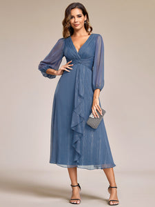 Shiny Chiffon Wholesale Wedding Guest Dresses with Long Sleeve#Color_Dusty Navy