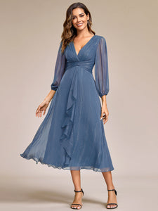 Shiny Chiffon Wholesale Wedding Guest Dresses with Long Sleeve#Color_Dusty Navy