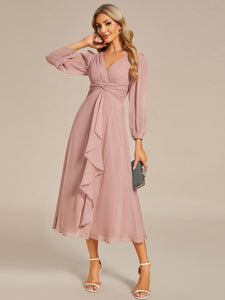 Shiny Chiffon Wholesale Wedding Guest Dresses with Long Sleeve#Color_Dusty Rose