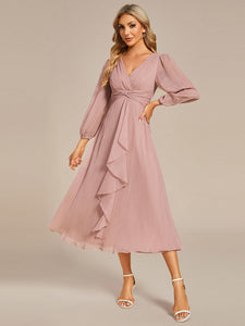 Shiny Chiffon Wholesale Wedding Guest Dresses with Long Sleeve#Color_Dusty Rose