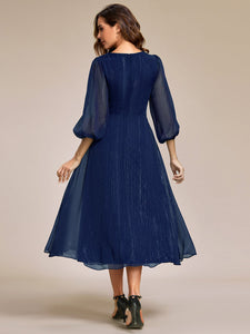 Shiny Chiffon Wholesale Wedding Guest Dresses with Long Sleeve#Color_Navy Blue