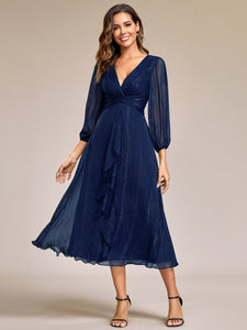 Shiny Chiffon Wholesale Wedding Guest Dresses with Long Sleeve#Color_Navy Blue