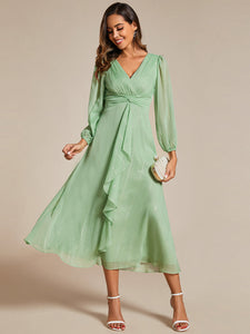 Shiny Chiffon Wholesale Wedding Guest Dresses with Long Sleeve#Color_Summer Green