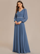 Load image into Gallery viewer, Elegant waisted chiffon V-neck long sleeve guest dress wholesale#Color_Dusty Navy