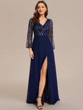 Load image into Gallery viewer, Color=Navy Blue | Maxi Long Sequin Wholesale Evening Dress with Long Sleeves-Navy Blue 2