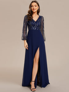 Color=Navy Blue | Maxi Long Sequin Wholesale Evening Dress with Long Sleeves-Navy Blue 2