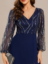 Load image into Gallery viewer, Color=Navy Blue | Maxi Long Sequin Wholesale Evening Dress with Long Sleeves-Navy Blue 3