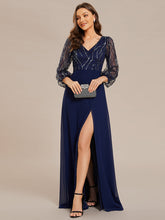 Load image into Gallery viewer, Color=Navy Blue | Maxi Long Sequin Wholesale Evening Dress with Long Sleeves-Navy Blue 4