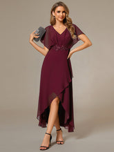 Load image into Gallery viewer, Chiffon Appliques  High-low  Wholesale Evening Dress with Short Sleeves