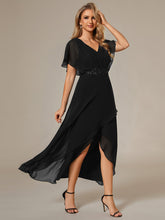 Load image into Gallery viewer, Color=Black | Chiffon Appliques  High-low  Wholesale Evening Dress with Short Sleeves-Black 1