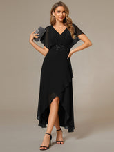 Load image into Gallery viewer, Color=Black | Chiffon Appliques  High-low  Wholesale Evening Dress with Short Sleeves-Black 2