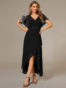 Color=Black | Chiffon Appliques  High-low  Wholesale Evening Dress with Short Sleeves-Black 2