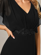 Load image into Gallery viewer, Color=Black | Chiffon Appliques  High-low  Wholesale Evening Dress with Short Sleeves-Black 3