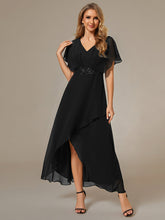 Load image into Gallery viewer, Color=Black | Chiffon Appliques  High-low  Wholesale Evening Dress with Short Sleeves-Black 4