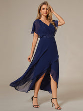 Load image into Gallery viewer, Color=Navy Blue | Chiffon Appliques  High-low  Wholesale Evening Dress with Short Sleeves-Navy Blue 3