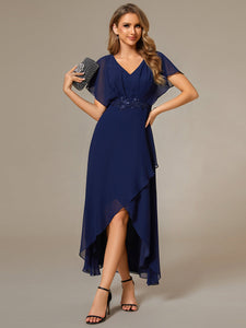 Color=Navy Blue | Chiffon Appliques  High-low  Wholesale Evening Dress with Short Sleeves-Navy Blue 4