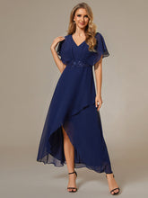 Load image into Gallery viewer, Color=Navy Blue | Chiffon Appliques  High-low  Wholesale Evening Dress with Short Sleeves-Navy Blue 1