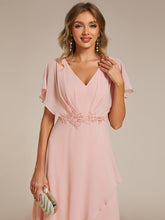 Load image into Gallery viewer, Chiffon Appliques  High-low  Wholesale Evening Dress with Short Sleeves