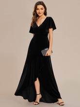 Load image into Gallery viewer, Lotus Leaf Ruffles High-low V Neck Wholesale Evening Dress with Short Sleeves