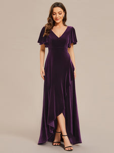 Lotus Leaf Ruffles High-low V Neck Wholesale Evening Dress with Short Sleeves