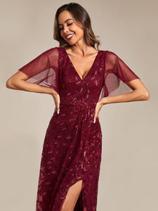 Color=Burgundy | Sequin Mesh High Low V-Neck Midi Evening Dress With Short Sleeves-Burgundy 4