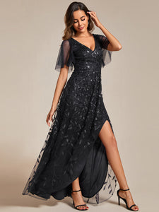 Color=Black | Sequin Mesh High Low V-Neck Midi Evening Dress With Short Sleeves-Black 