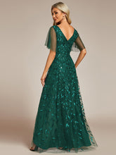 Load image into Gallery viewer, Color=Dark Green | Sequin Mesh High Low V-Neck Midi Evening Dress With Short Sleeves-Dark Green 4