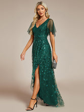 Load image into Gallery viewer, Color=Dark Green | Sequin Mesh High Low V-Neck Midi Evening Dress With Short Sleeves-Dark Green 3