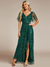 Load image into Gallery viewer, Color=Dark Green | Sequin Mesh High Low V-Neck Midi Evening Dress With Short Sleeves-Dark Green 1