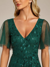 Load image into Gallery viewer, Color=Dark Green | Sequin Mesh High Low V-Neck Midi Evening Dress With Short Sleeves-Dark Green 2