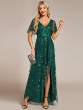 Load image into Gallery viewer, Color=Dark Green | Sequin Mesh High Low V-Neck Midi Evening Dress With Short Sleeves-Dark Green 5