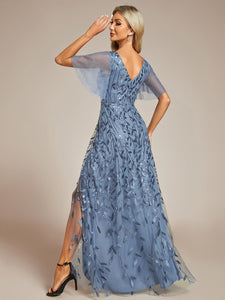 Color=Dusty Navy| Sequin Mesh High Low V-Neck Midi Evening Dress With Short Sleeves-Dusty Navy 4