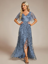 Load image into Gallery viewer, Color=Dusty Navy| Sequin Mesh High Low V-Neck Midi Evening Dress With Short Sleeves-Dusty Navy 1