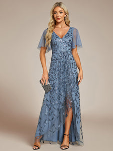 Color=Dusty Navy| Sequin Mesh High Low V-Neck Midi Evening Dress With Short Sleeves-Dusty Navy 5