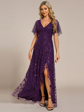 Load image into Gallery viewer, Sequin Mesh High Low V-Neck Midi Evening Dress With Short Sleeves